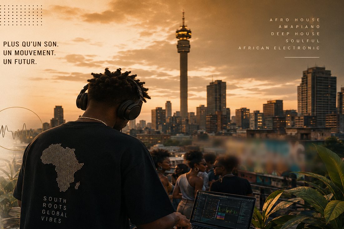 DJ afro house sur un rooftop face à la skyline de Johannesburg au coucher du soleil