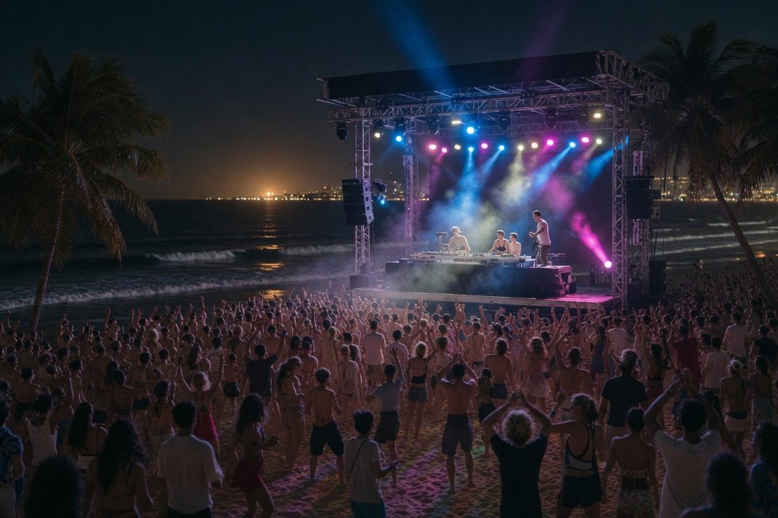Open-air électronique sur une plage au coucher du soleil, foule devant la scène — festivals de juin 2026