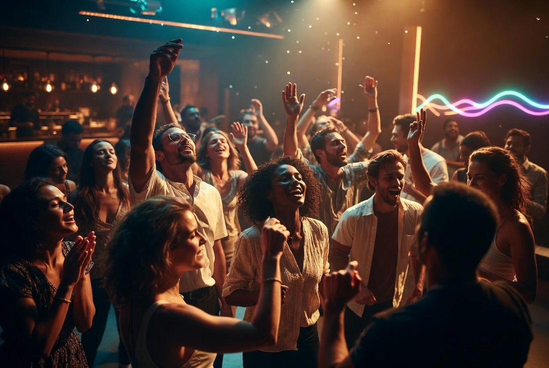 Foule joyeuse dansant en club sur de la house music — musique et bien-être