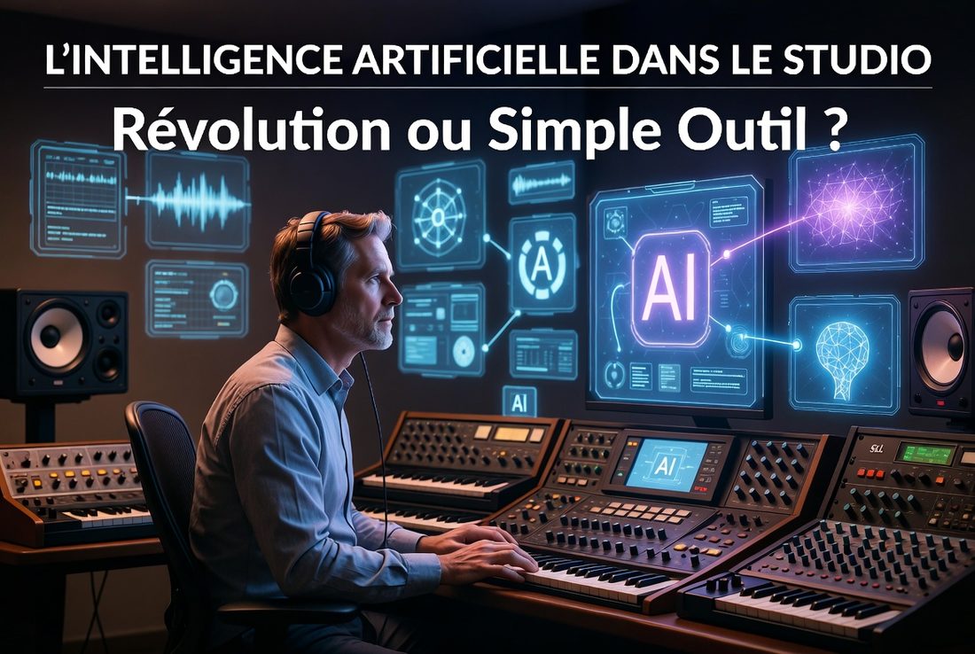 Ingénieur du son en studio entouré d'écrans et d'outils d'intelligence artificielle