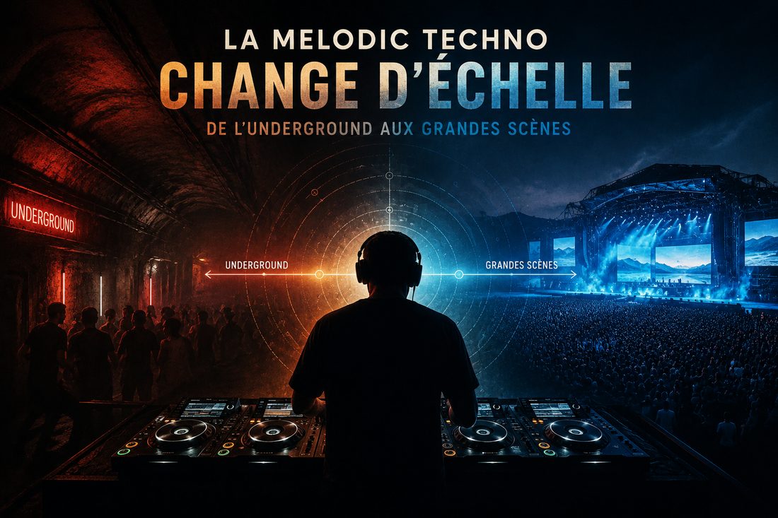 DJ entre un club underground et une grande scène de festival — la melodic techno change d’échelle