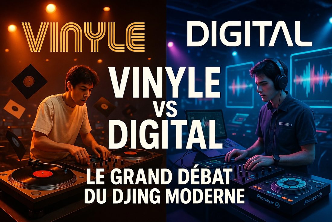 DJ aux platines vinyle face à un DJ sur contrôleur numérique — vinyle vs digital